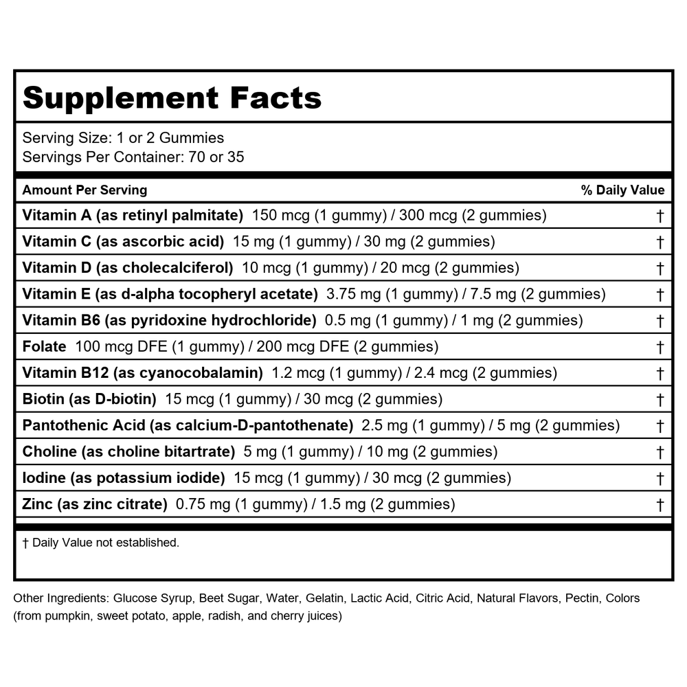 Olly - Kids Multi Gummy Worms Sour Fruity Punch - 70 Gummies - Supplement Facts panel