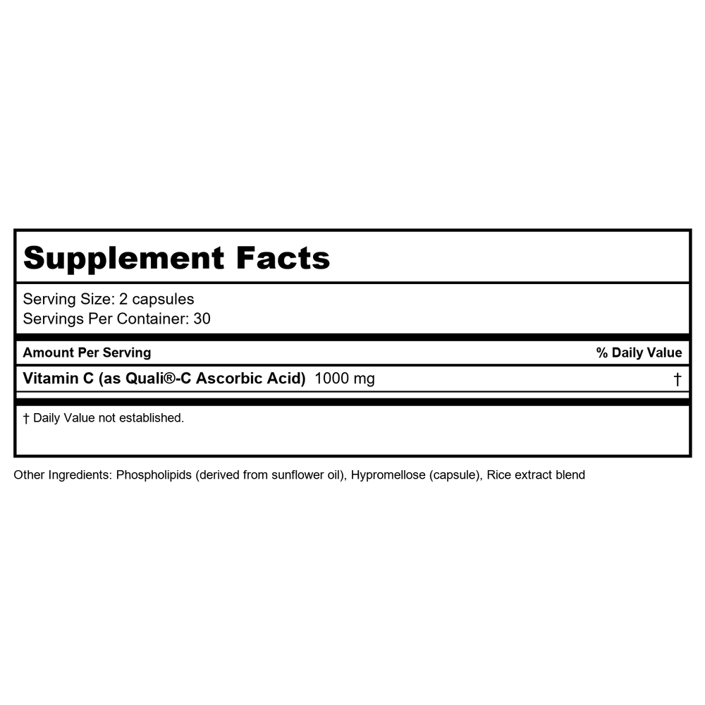 BodyBio Liposomal Vitamin C 60 Capsules - Supplement Facts panel
