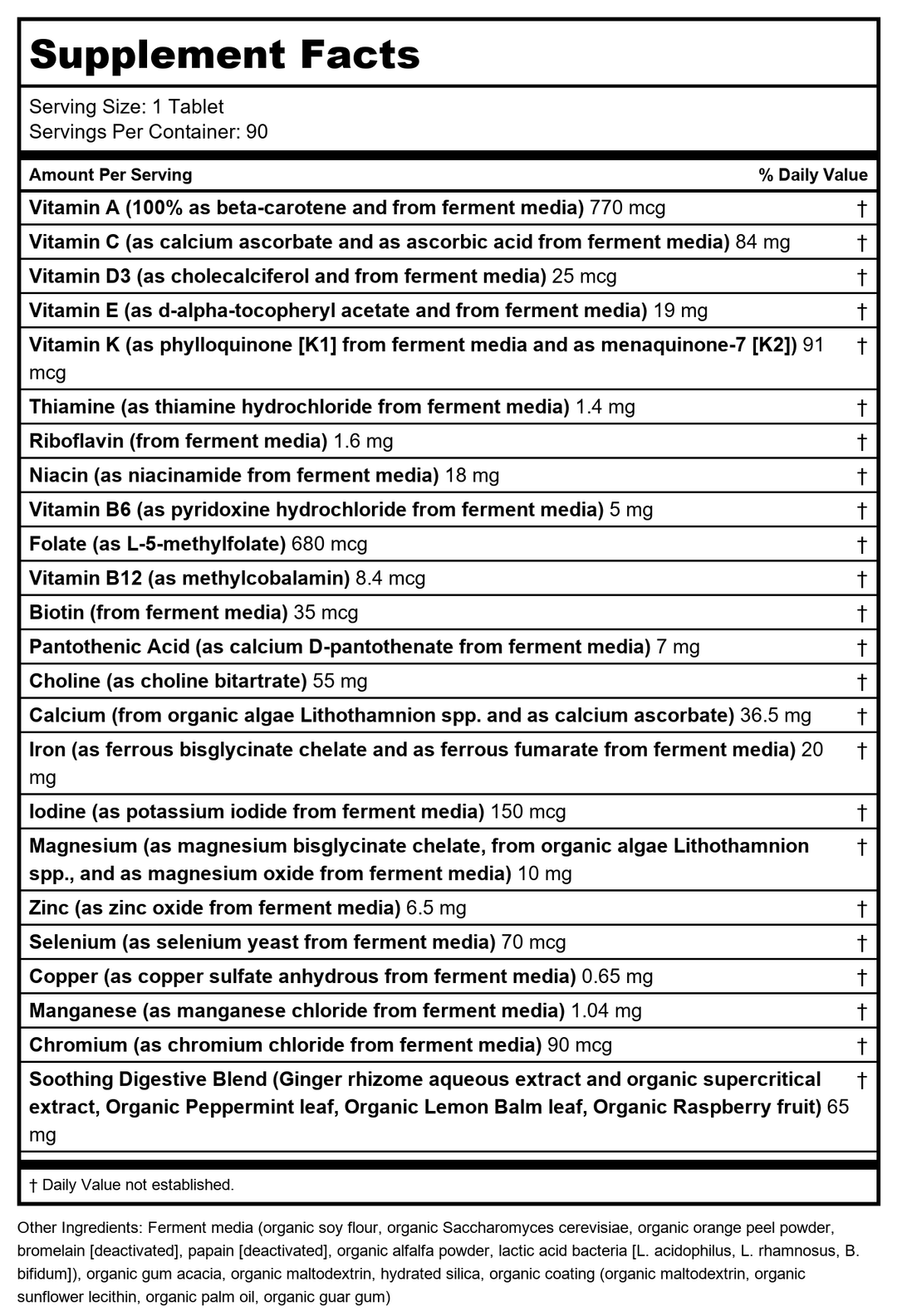 New Chapter One Daily Prenatal Multivitamin 35+ 90 Vcaps - Supplement Facts panel