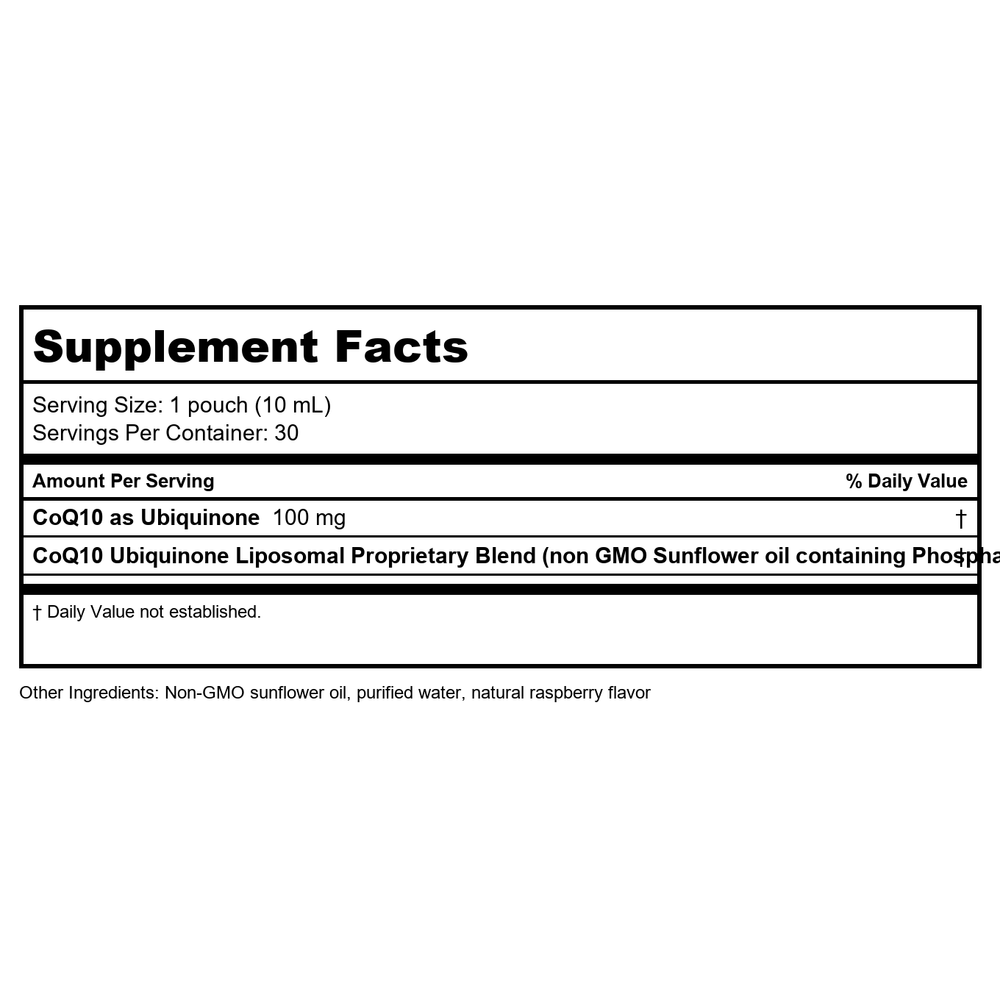 Codeage - Wonder Heart Liquid Liposomal CoQ10 as Ubiquinone with Non-GMO Sunflower Oil Raspberry Flavor - 30 Pouches - Supplement Facts panel