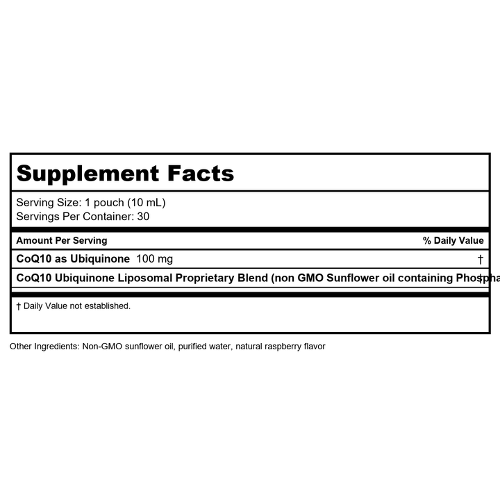 Codeage - Wonder Heart Liquid Liposomal CoQ10 as Ubiquinone with Non-GMO Sunflower Oil Raspberry Flavor - 30 Pouches - Supplement Facts panel