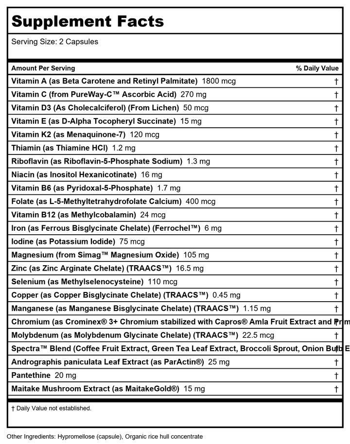 Zahler - Multivitamin Immune - 60 Capsules - Supplement Facts panel