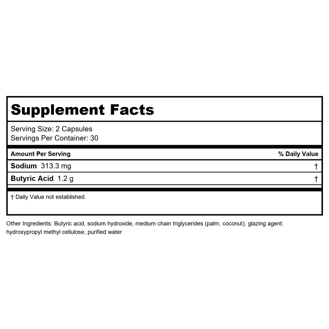 BodyBio - Sodium Butyrate Short Chain Fatty Acid - 60 Capsules - Supplement Facts panel