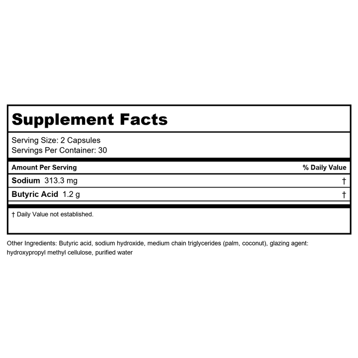 BodyBio - Sodium Butyrate Short Chain Fatty Acid - 60 Capsules - Supplement Facts panel