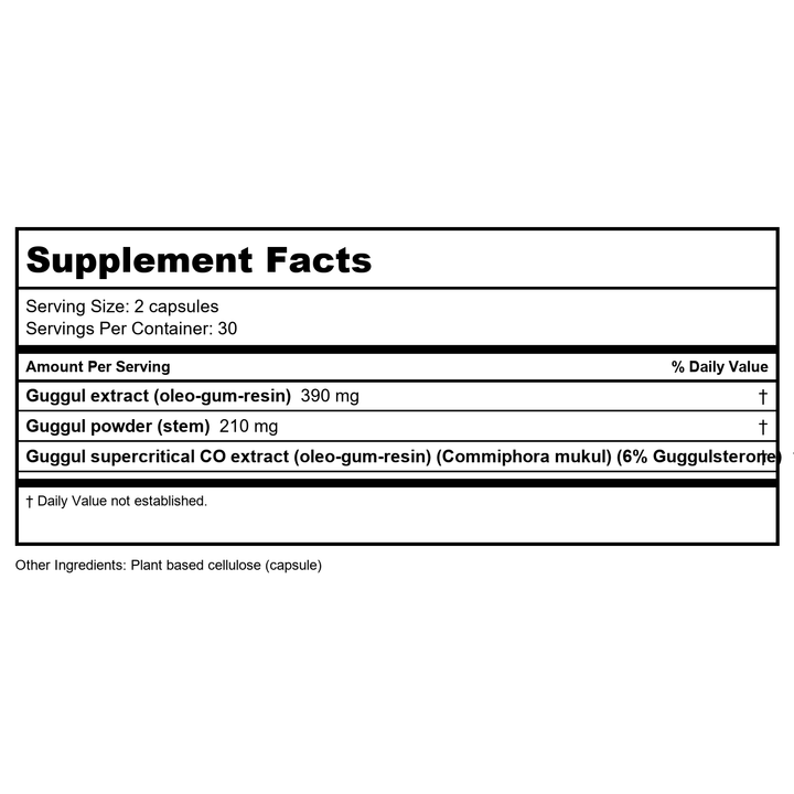 Himalaya Herbal Healthcare - Guggul Cholesterol Support - 60 Vegetarian Capsules - Supplement Facts panel