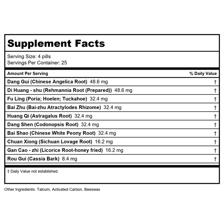 Nuherb Herbal Times Shi Quan Da Bu Wan 100 Teapills - Supplement Facts panel