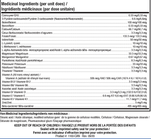 Biotics Research Bio-Multi Plus Iron &amp; Copper Free 90 Tablets - Supplement Facts panel