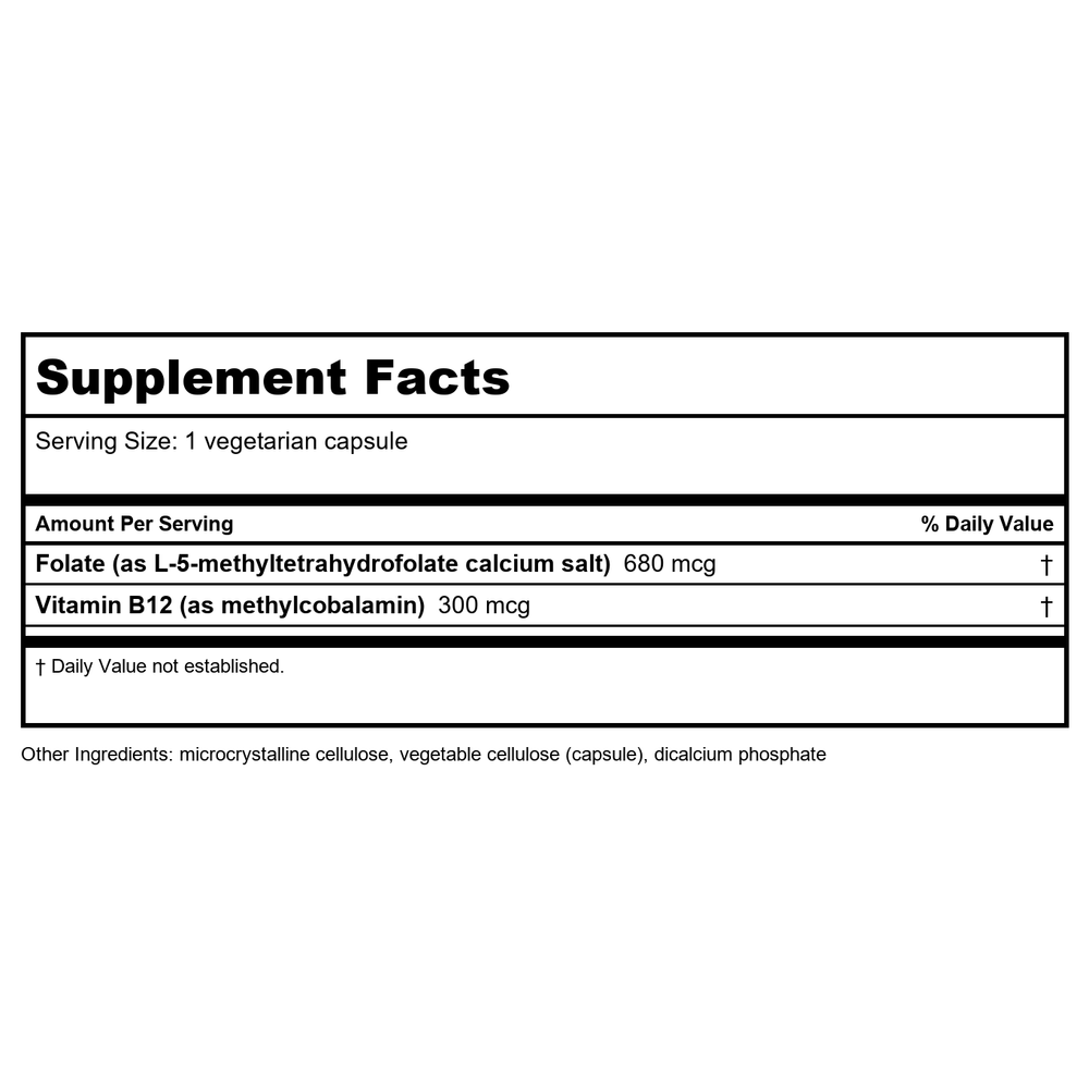 Life Extension BioActive Folate & Vitamin B12 90 Vcaps - Supplement Facts panel
