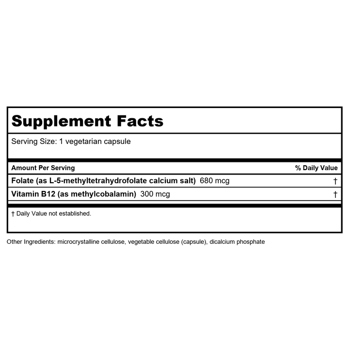 Life Extension BioActive Folate &amp; Vitamin B12 90 Vcaps - Supplement Facts panel