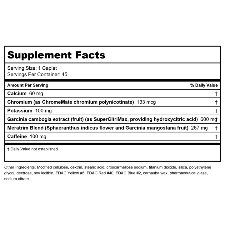MetaboLife - Ultra Advanced Weight Loss Formula - 45 Caplets - Supplement Facts panel