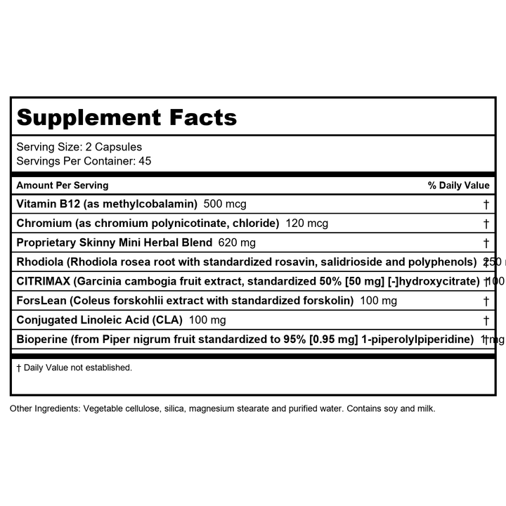 Natures Plus - Skinny Mini Energizing Weight Loss Formula - 90 Vegetarian Capsules - Supplement Facts panel
