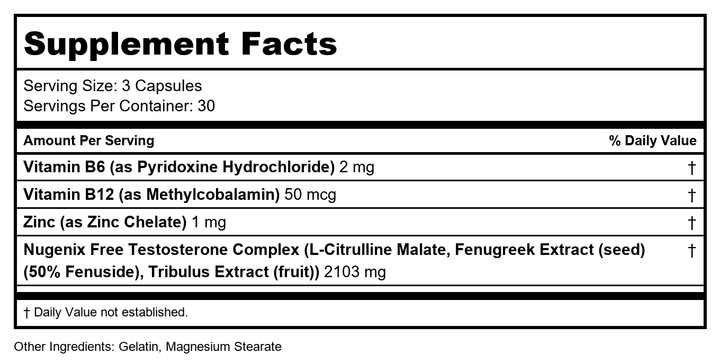 Nugenix - Free Testosterone Booster - 90 Capsules - Supplement Facts panel