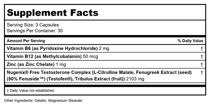 Nugenix - Free Testosterone Booster - 90 Capsules - Supplement Facts panel