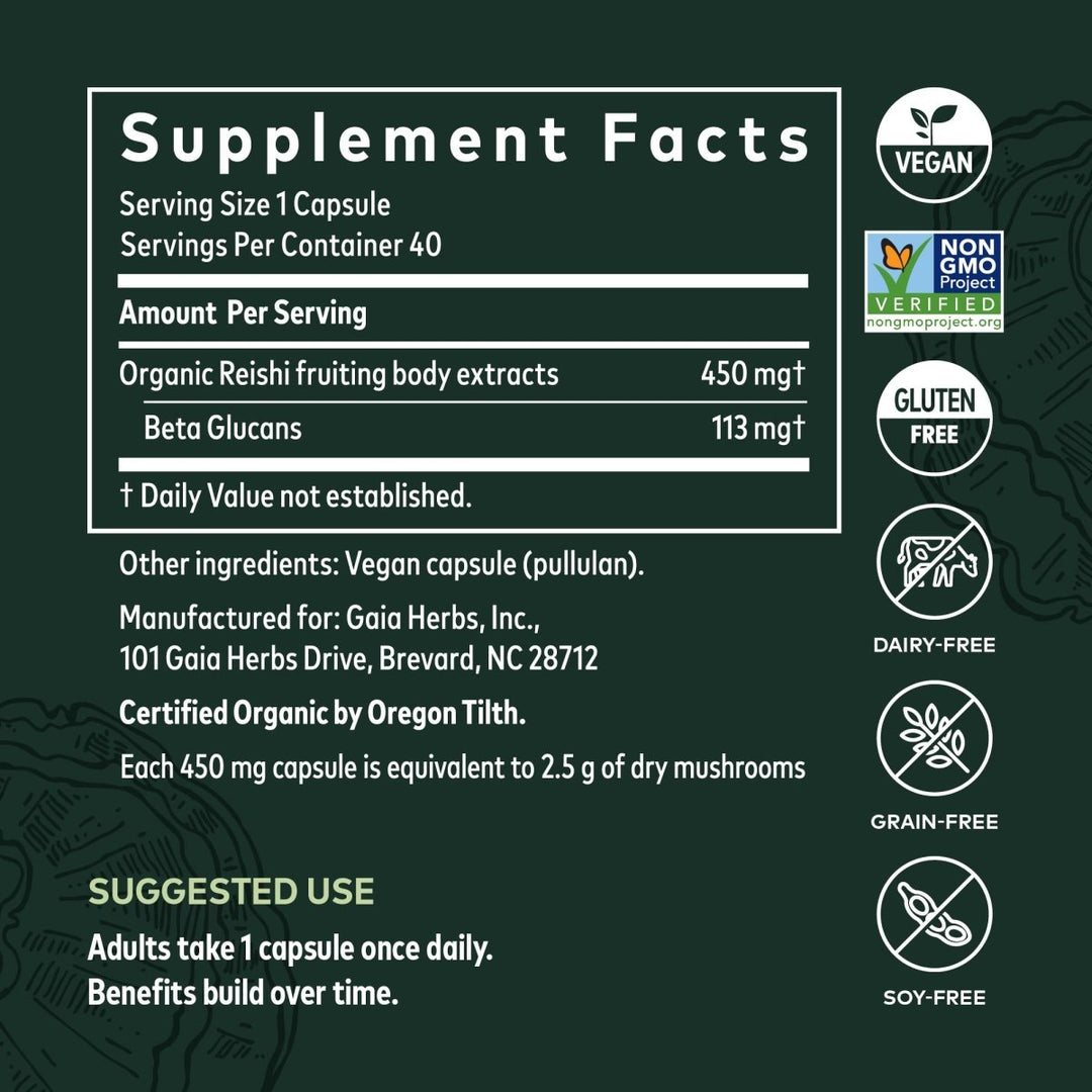 Gaia Reishi Mushroom 40 Vcaps - Supplement Facts panel