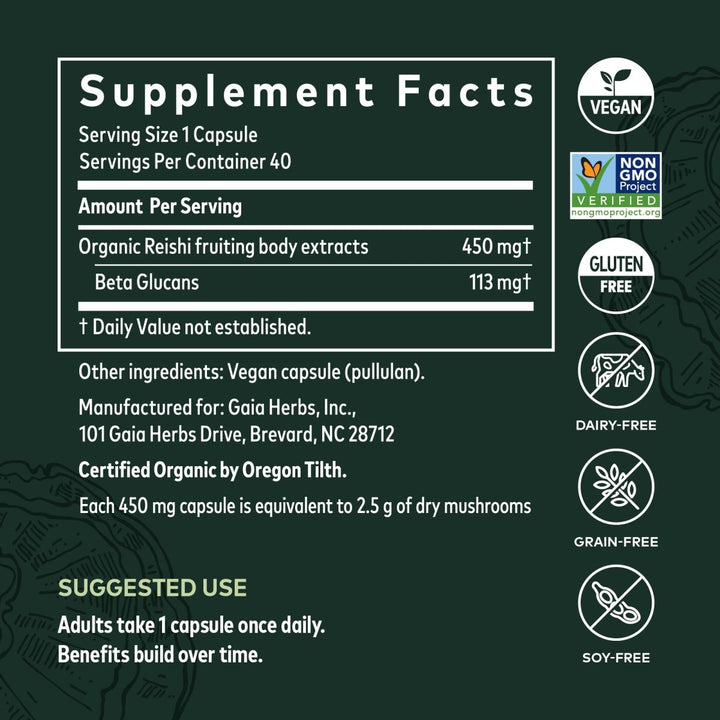 Gaia Reishi Mushroom 40 Vcaps - Supplement Facts panel