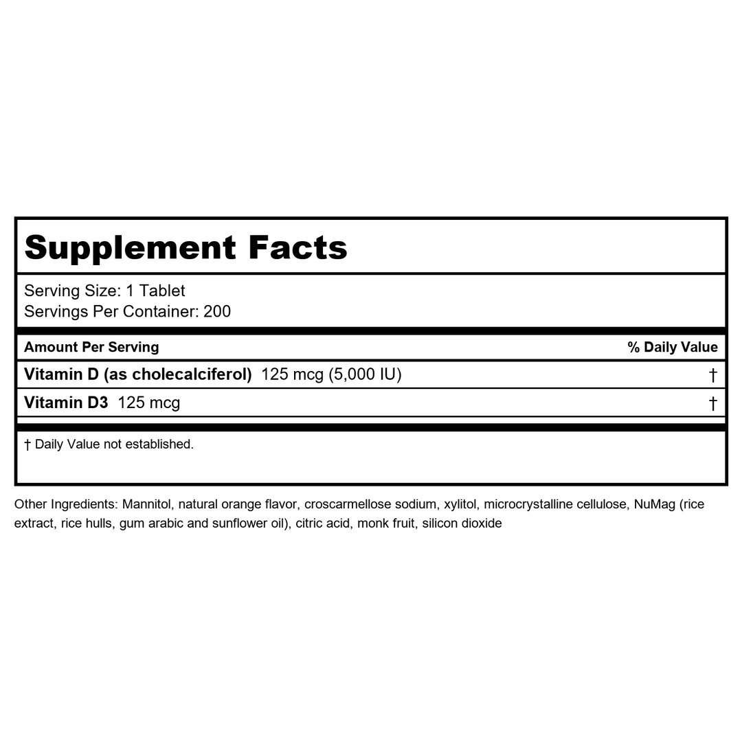 Twinlab - Mega D3 Dots All Natural Orange Flavor 125 mcg. - 100 Tablets - 2 Pack - Supplement Facts panel