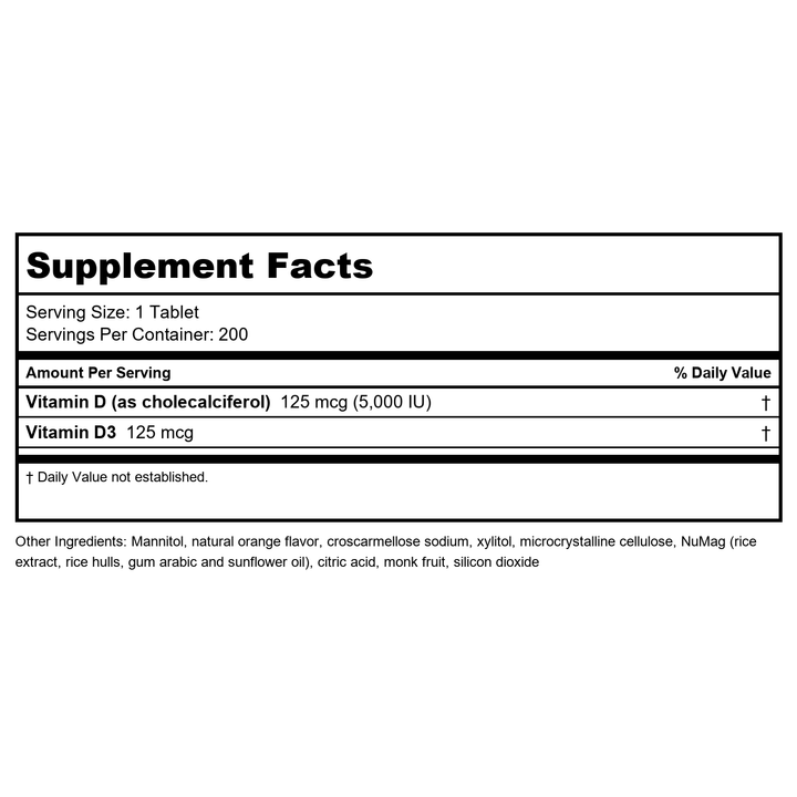Twinlab - Mega D3 Dots All Natural Orange Flavor 125 mcg. - 100 Tablets - 2 Pack - Supplement Facts panel