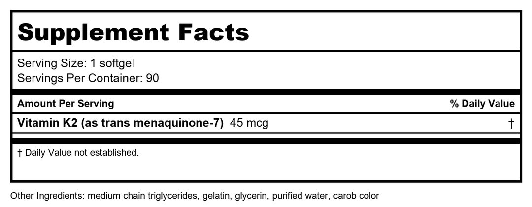 Life Extension Low Dose Vitamin K2 / MK-7 45mcg 90 Softgels - Supplement Facts panel