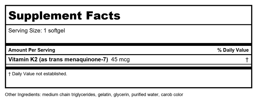 Life Extension Low Dose Vitamin K2 / MK-7 45mcg 90 Softgels - 2 Pack - Supplement Facts panel