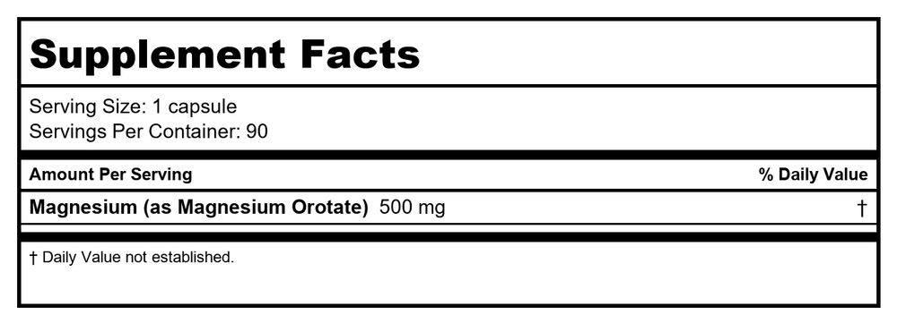 Biotics Research Mg-Orotate 500 90 Cap - Supplement Facts panel