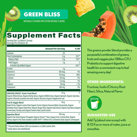 Amazing Grass Kidz Superfood Berry Blast - 30 Servings - Supplement Facts panel