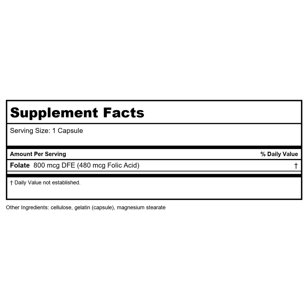Nature's Way Folate Folic Acid 100 Capsules - Supplement Facts panel
