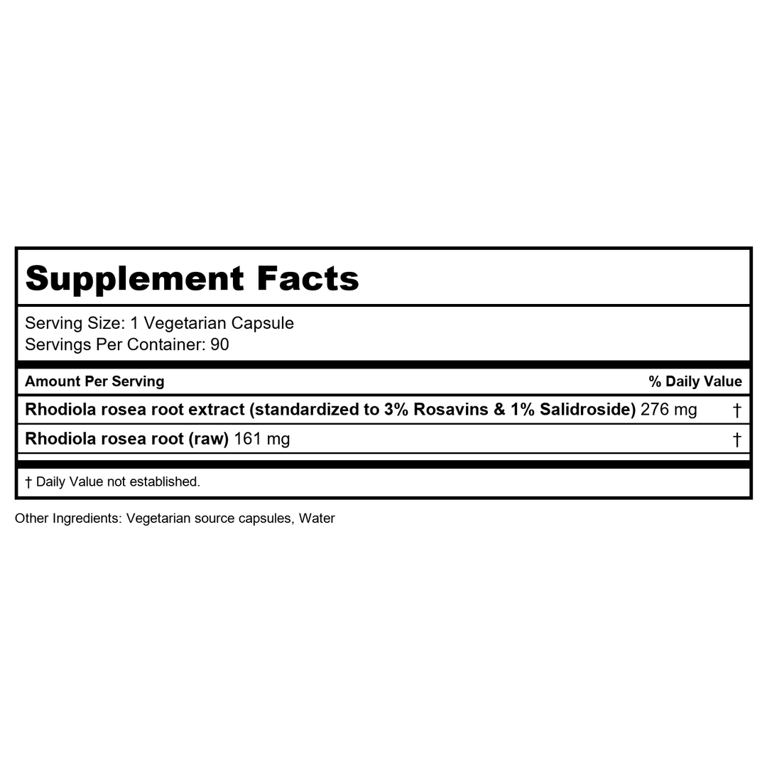 Kroeger Herbs - Rhodiola Rosea Complete Concentrate - 90 Vegetarian Capsules - Supplement Facts panel