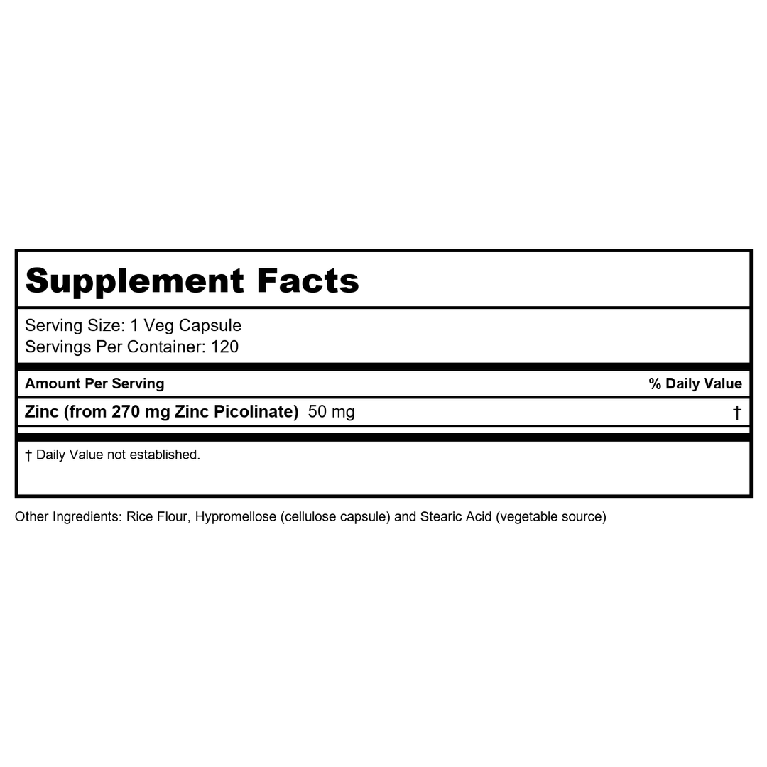Lucky Brand - ZINC PICOLINATE 50mg  120 VCAPS - Supplement Facts panel