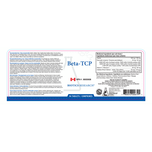 Biotics Research Beta-TCP 90 Tablets - Supplement Facts panel
