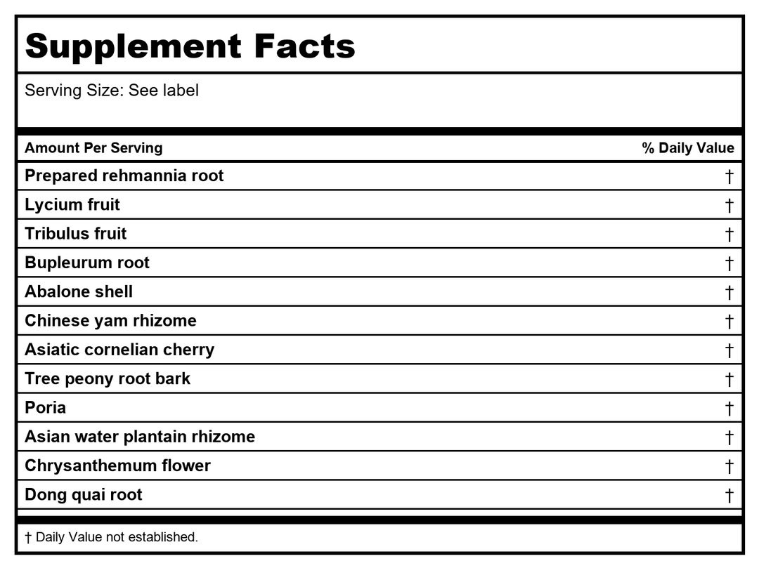 Kan Herb Traditionals Bright Eye Rehmannia 8 Ounce - Supplement Facts panel