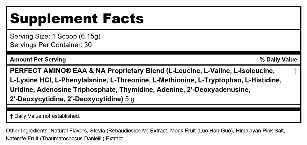 BodyHealth PerfectAmino Powder Lemon Lime 30 Servings 240 Grams - Supplement Facts panel