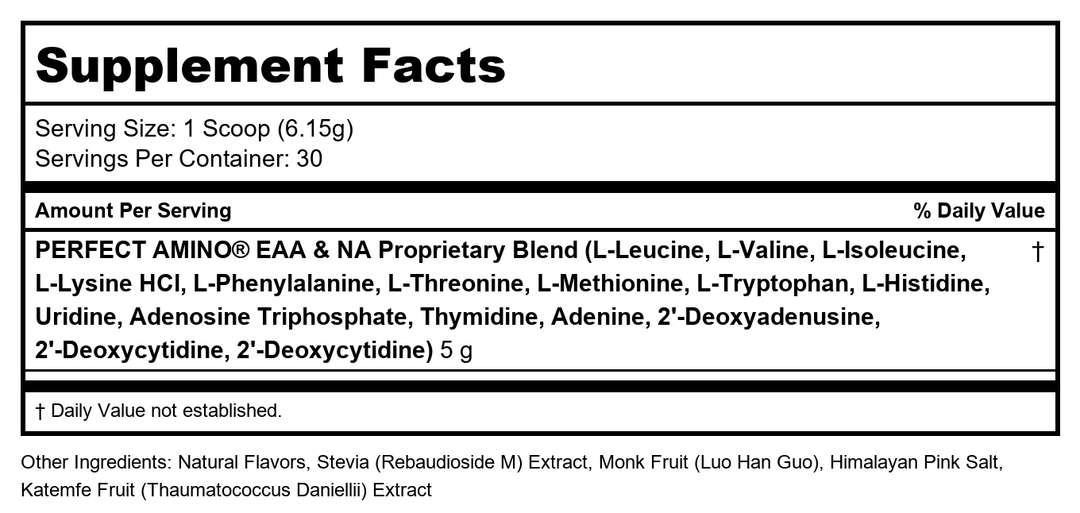 BodyHealth PerfectAmino Powder Lemon Lime 30 Servings 240 Grams - Supplement Facts panel