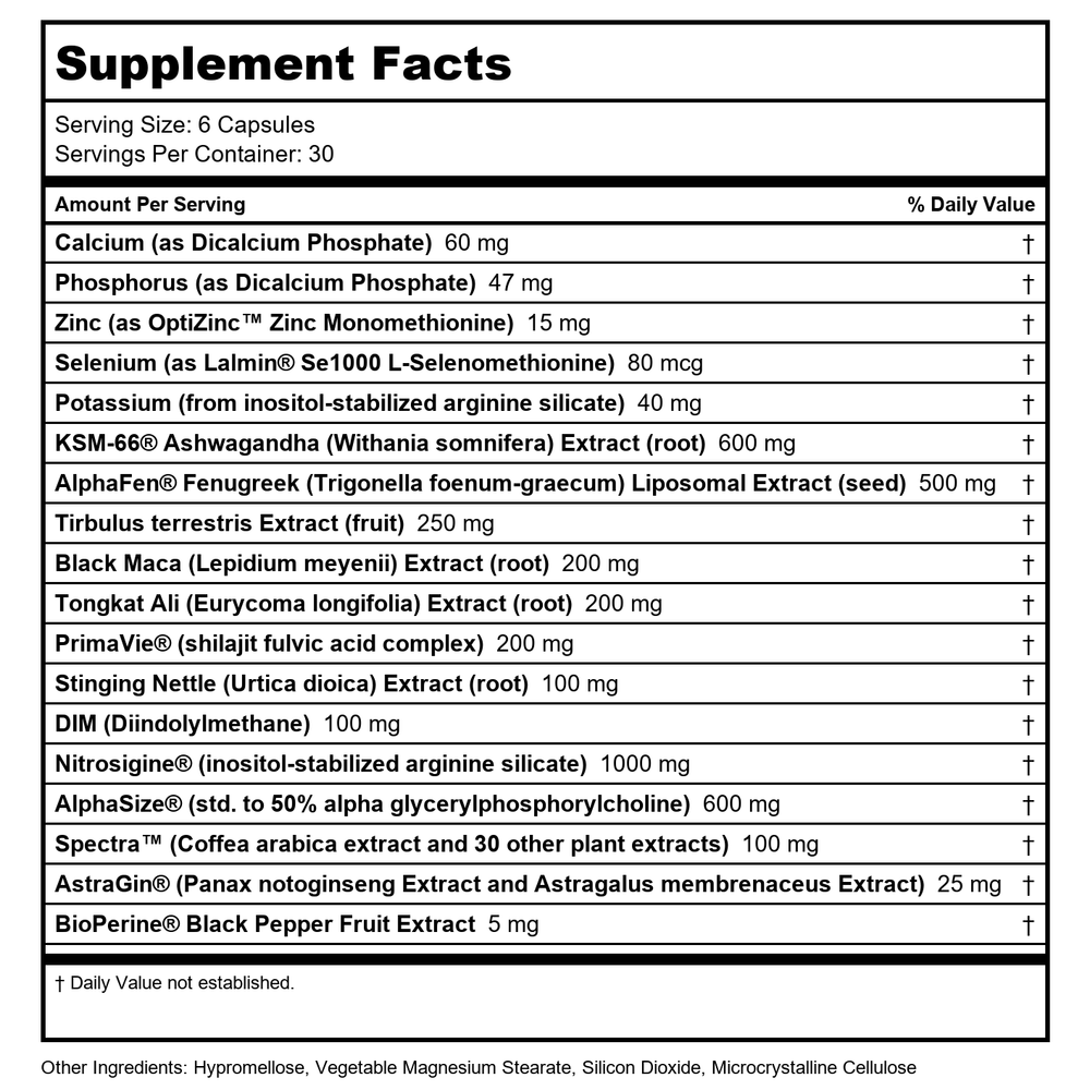 Force Factor - Alpha King Immortal Total Masculine Hormone Support - 180 Capsules - Supplement Facts panel