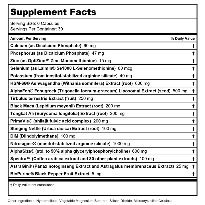 Force Factor - Alpha King Immortal Total Masculine Hormone Support - 180 Capsules - Supplement Facts panel