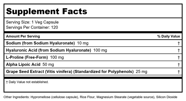 Now Foods Hyaluronic Acid Double Strength 100 mg 120 Vcaps - 3151 - 4 Pack - Supplement Facts panel