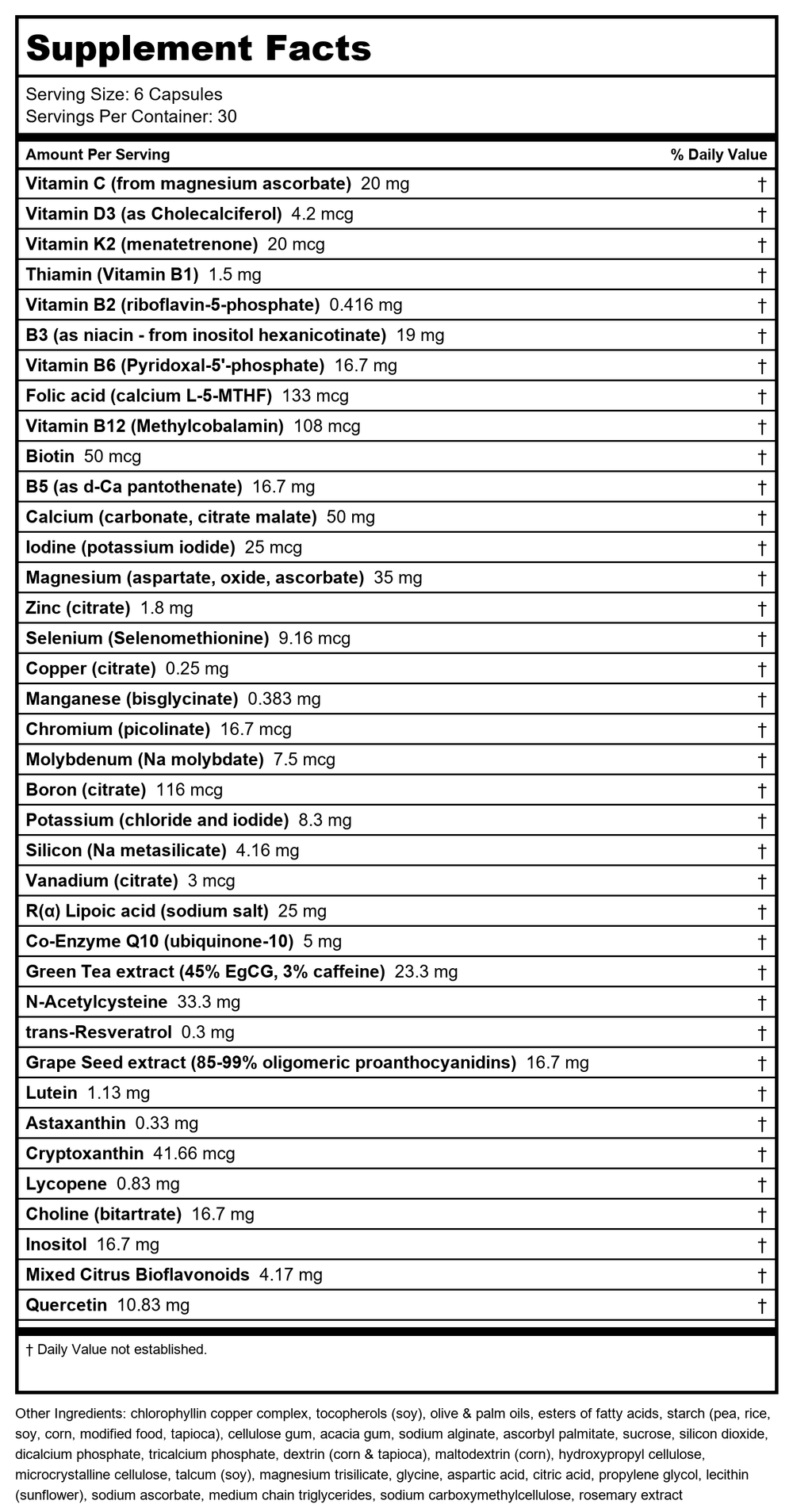 AOR Ortho Core 30 Cap - Supplement Facts panel