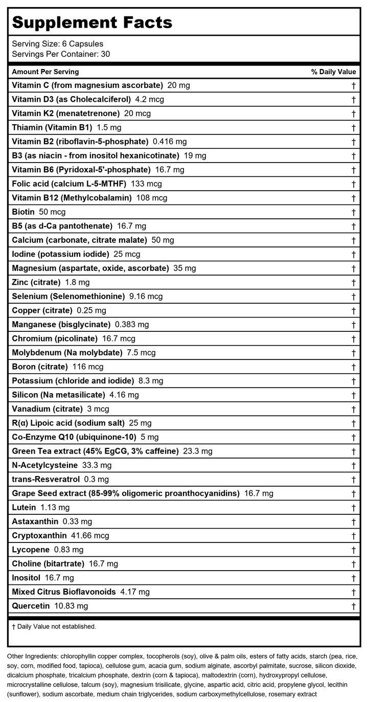 AOR Ortho Core 30 Cap - Supplement Facts panel
