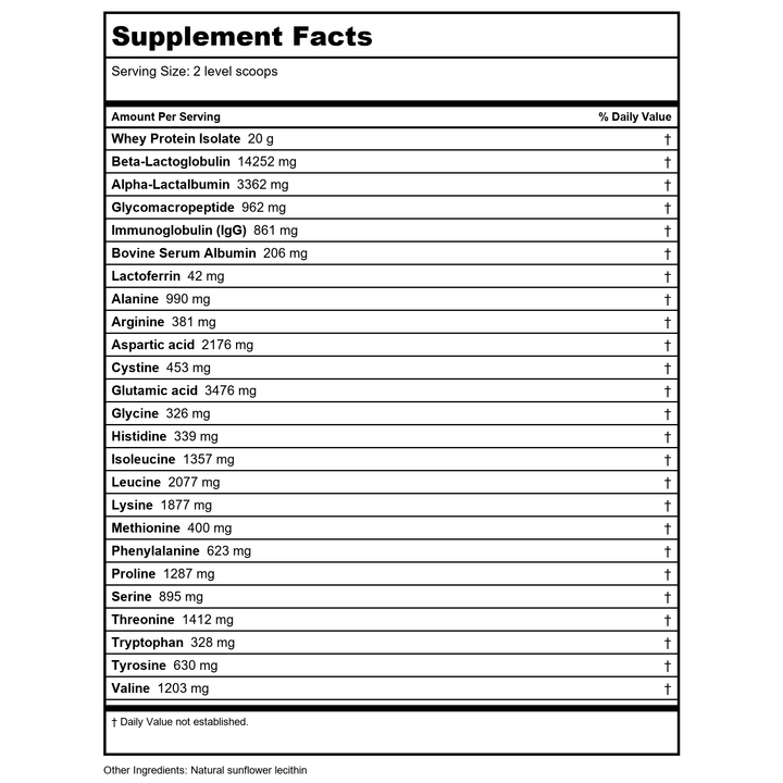 Biotics Research Whey Protein Isolate Vanilla 16oz - Supplement Facts panel