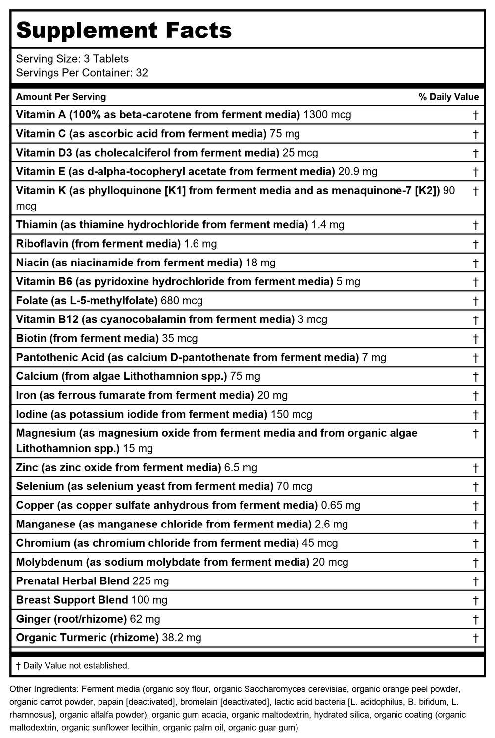 New Chapter Perfect Prenatal 96 Tablets - Supplement Facts panel