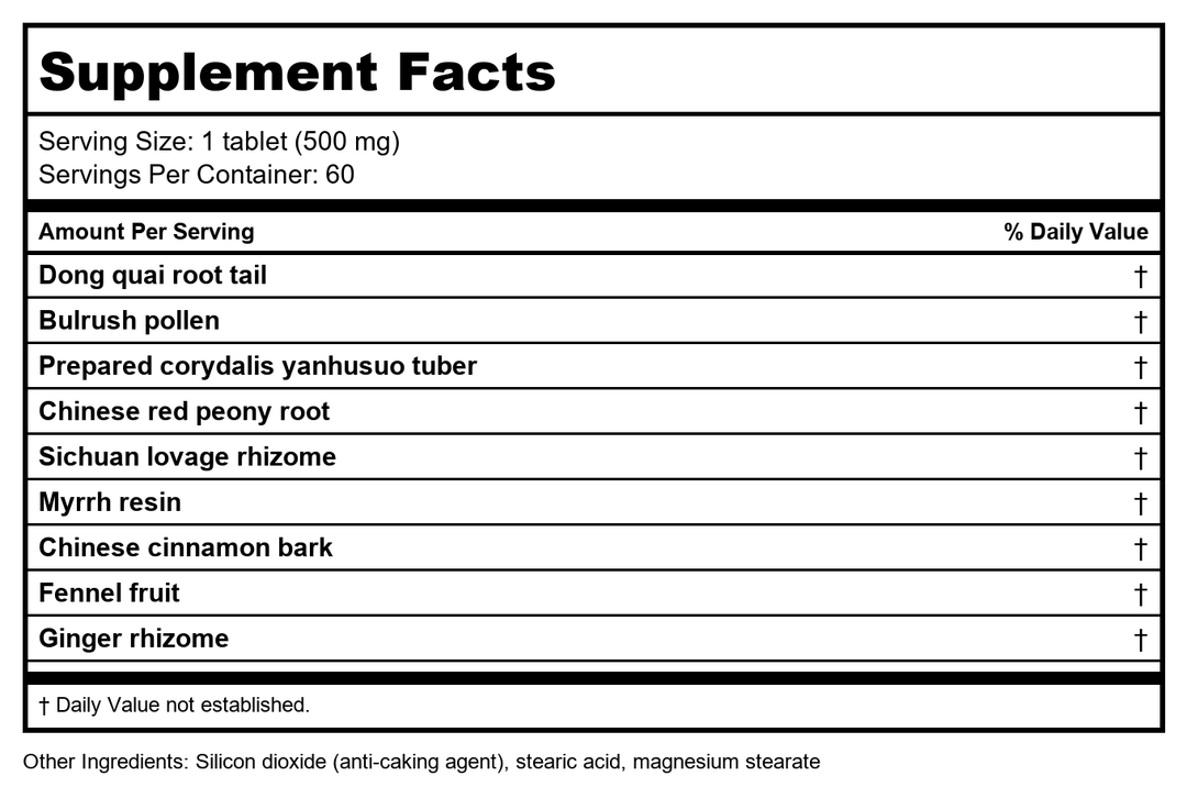 Kan Herb Essentials Dispel Stasis in the Lower Palace 60 Tablets - Supplement Facts panel