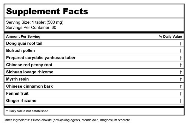Kan Herb Essentials Dispel Stasis in the Lower Palace 60 Tablets - Supplement Facts panel