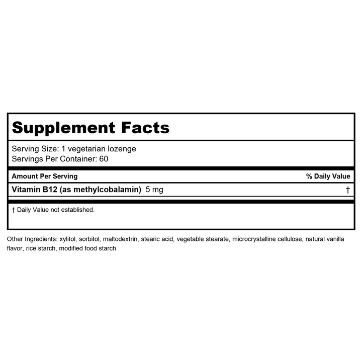 Life Extension Vitamin B12 Methylcobalamin 5 mg Vanilla 60 Lozenges - Supplement Facts panel