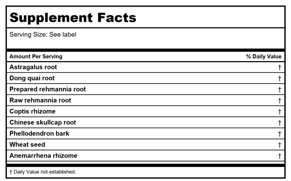 Kan Herb Alembic Herbals Dong Quai and Six Yellows Decoction 4 Ounce - Supplement Facts panel