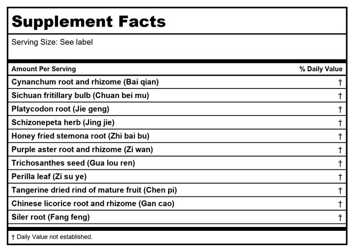 Kan Herb Traditionals Lung Qi Release 120 Tablets - Supplement Facts panel