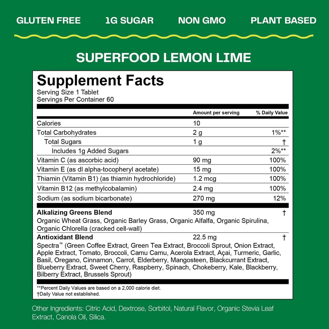 Amazing Grass Fizzy Green Tablets Superfood Lemon Lime:  60 Count (Packaging May Vary) - Supplement Facts panel