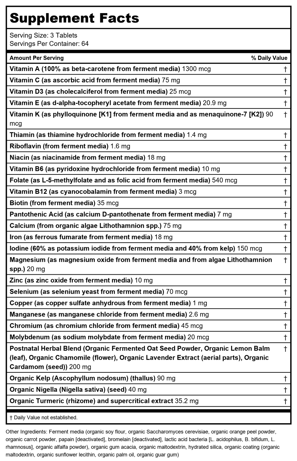 New Chapter Perfect Postnatal Multivitamin 192 Tablets - Supplement Facts panel