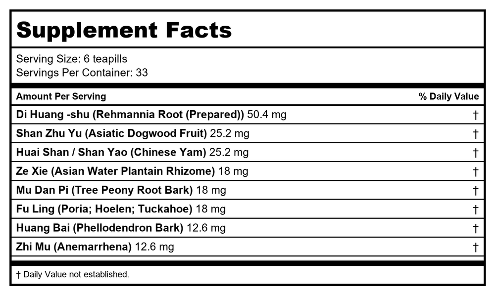 Nuherb Jade Dragon Menopause / Kidney Yin - Zhi Bai Di Huang Wan - 200 Teapills - Supplement Facts panel