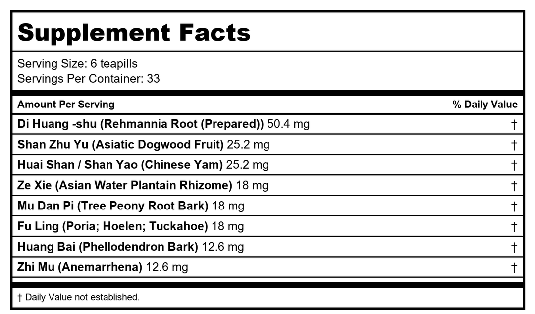 Nuherb Jade Dragon Menopause / Kidney Yin - Zhi Bai Di Huang Wan - 200 Teapills - Supplement Facts panel