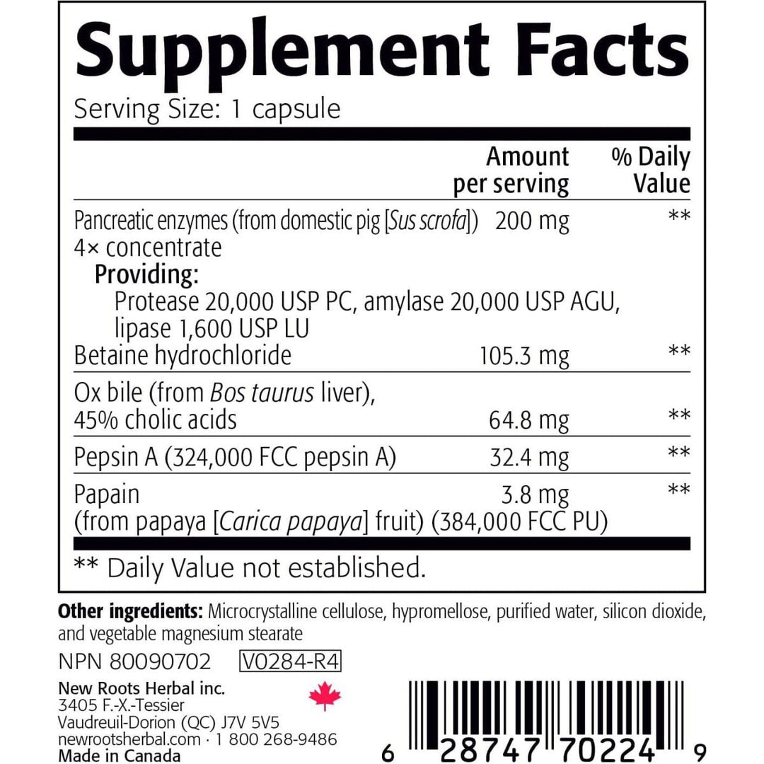 New Roots Herbal Digestive Enzymes With Betaine Hydrochloride 100 Capsules - Supplement Facts panel
