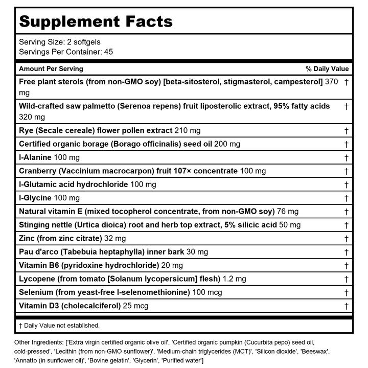 New Roots Herbal Prostate Perfom 90 Softgels - - Supplement Facts panel